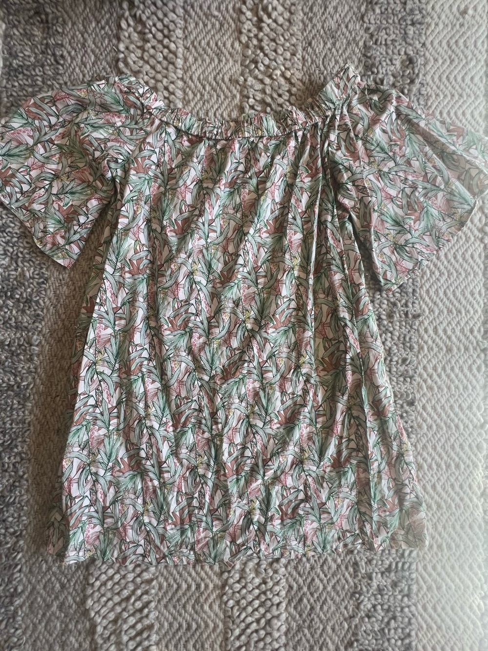 H&M Off-Shoulder Puff Sleeve Tunic Tropical Leaf Print